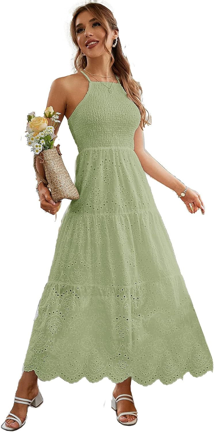 BerryGo Women's Embroidery Pearl Button Down Dress V Neck Spaghetti Strap Maxi Dress | Amazon (US)