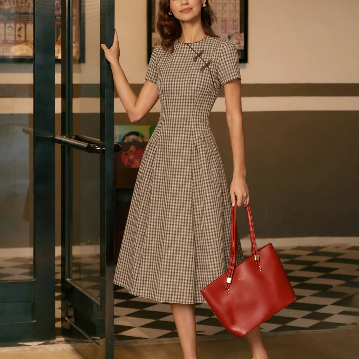Brown Plaid Round Neck Midi Dress & Reviews - Brown - Dresses | RIHOAS | rihoas.com