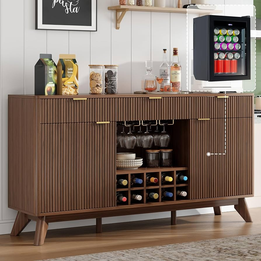 LUXOAK 60" Fluted Wine Bar Cabinet, Mid-Century Modern Sideboard with 3 Drawer, Glass Holder, 10 ... | Amazon (US)