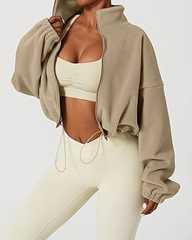 QINSEN Women's Full Zip Fleece Short Jacket Warm Winter Long Sleeve Stand Collar Sherpa Crop Coat | Amazon (US)
