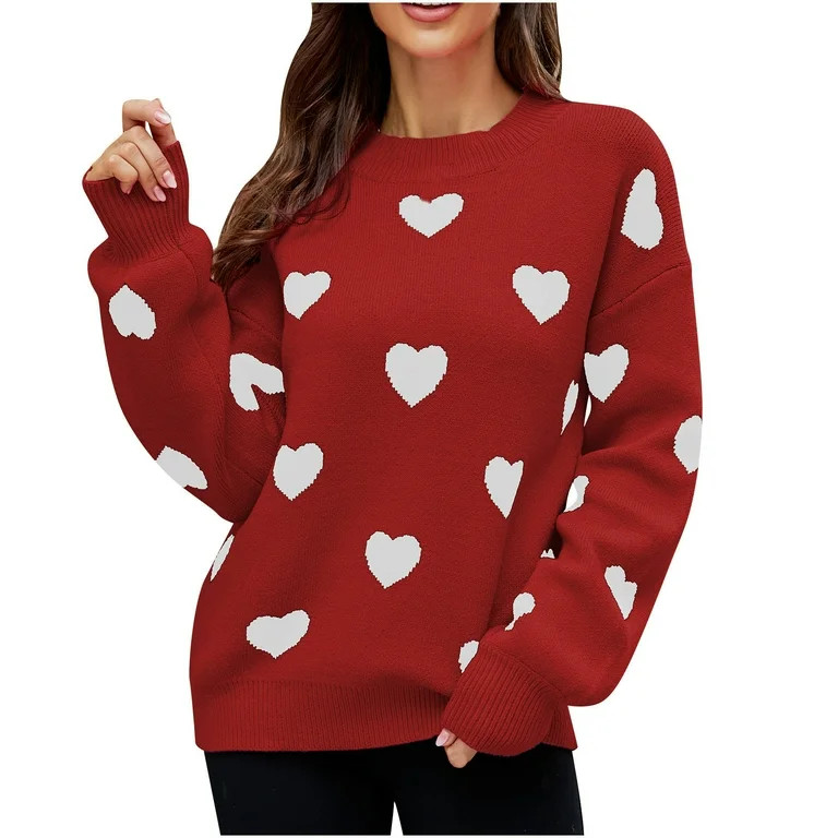 JGGSPWM Cute Heart Print Sweaters for Womens Valentines Day Tops Casual Fall Winter Jumper Lovely... | Walmart (US)
