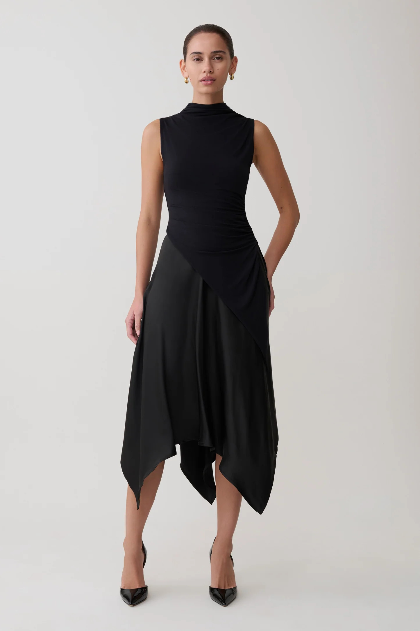 Asymmetric Satin Midi Skirt - Black | MESHKI US