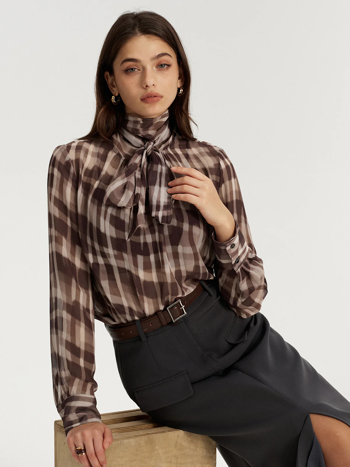 Tie Neck Plaid Semi-Sheer Chiffon Blouse | Commense