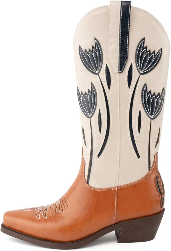 WIRALOMI Cowboy Boots for Women, Floral Mid Calf Women Western Boots Low Chunky Heels, Women's Em... | Amazon (US)