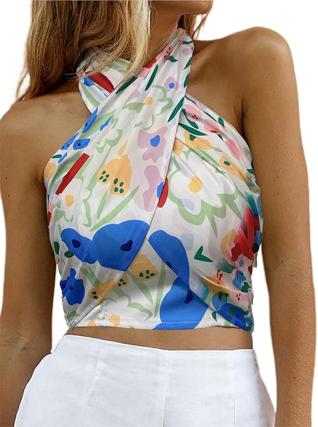 HYPERFIRE Women's Sexy Criss Cross Halter Sleeveless Wrap Front Backless Cami Crop Top Clubbing | Amazon (US)