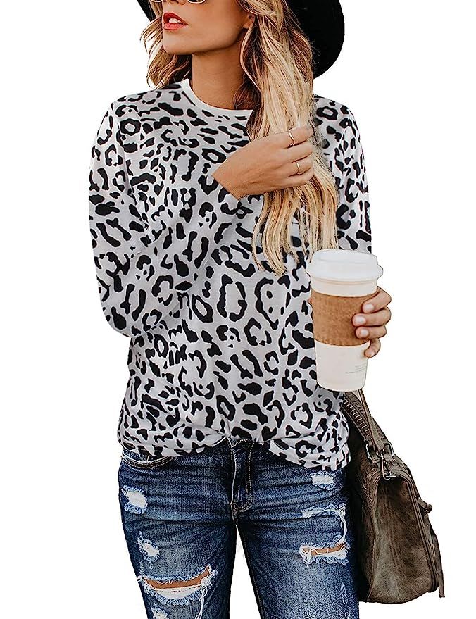 ZESICA Women's Casual Leopard Print Top Basic Crew Neck Long Sleeve Shirt Blouse | Amazon (US)