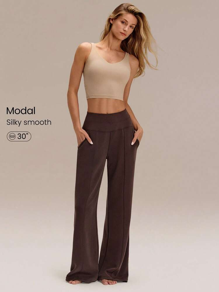 GLOWMODE 30" Regular SoftCalm Modal Silk Touch Wide Leg High Waist Lounge Pants With Side Pockets... | SHEIN