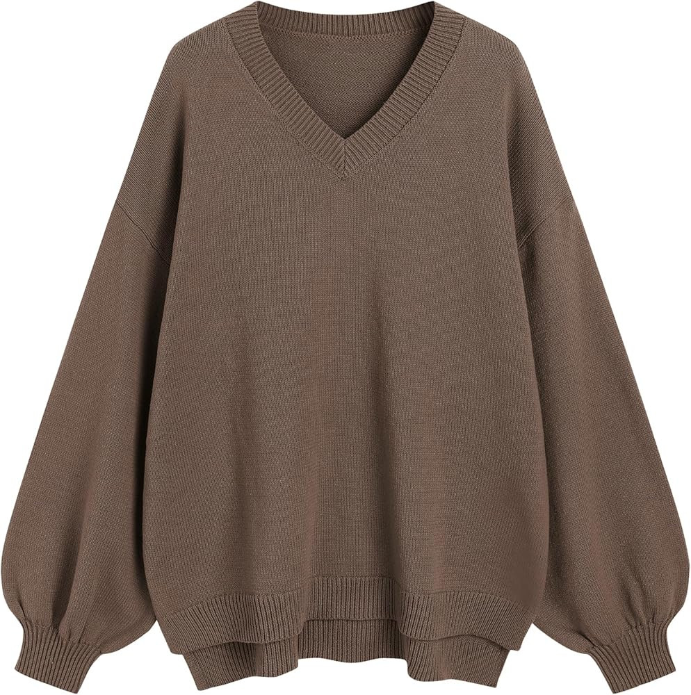 ZAFUL Women's Oversized Sweater 2025 Fall Casual V Neck Knit Side Slit Baggy Batwing Winter Long ... | Amazon (US)