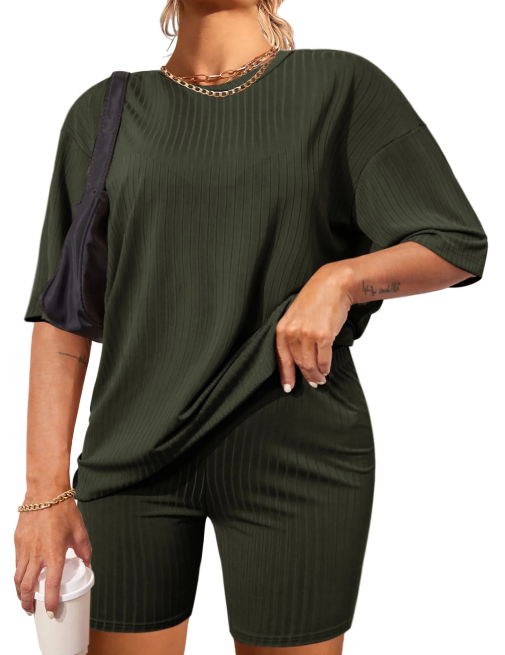 Avidlove Women Plus Size Pajamas Set Ribbed Knit 2 Piece Lounge Sets T-shirt with Biker Shorts Ma... | Walmart (US)
