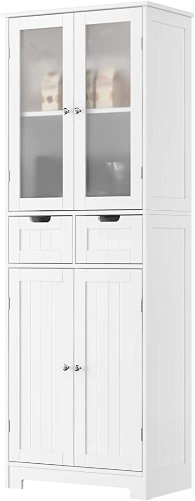 HORSTORS 67" Tall Storage Cabinet, Freestanding Pantry Cabinet with Glass Door and Shelves, Linen... | Amazon (US)