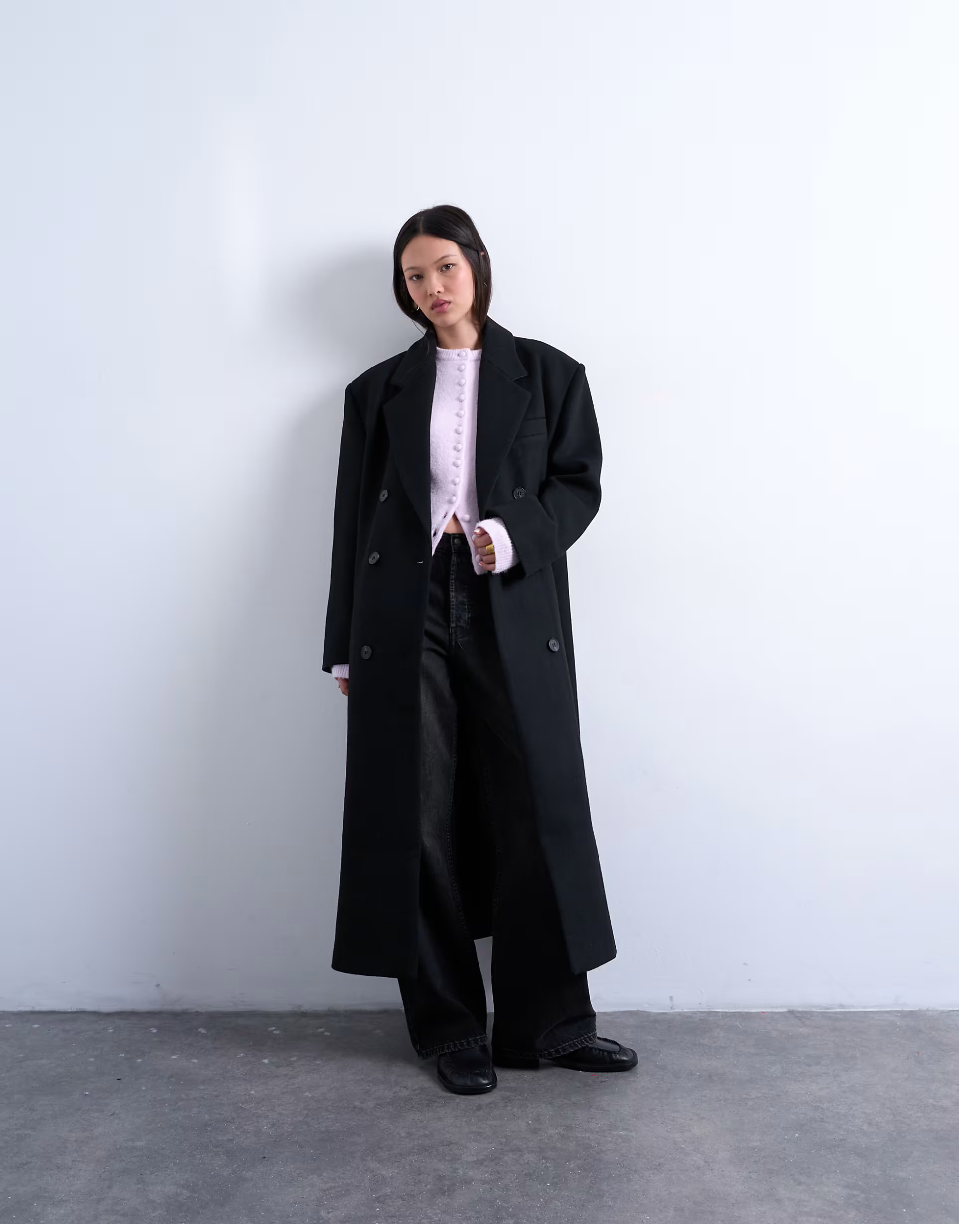 Topshop double breasted mensy overcoat with wool in black | ASOS (Global)