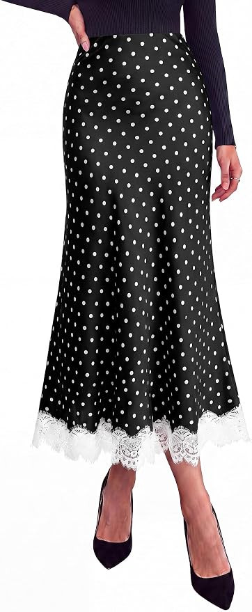 PRETTYGARDEN Women's Flowy Satin Midi A Line Skirt | Dressy Lace Trim, Elastic High Waisted, Fall... | Amazon (US)
