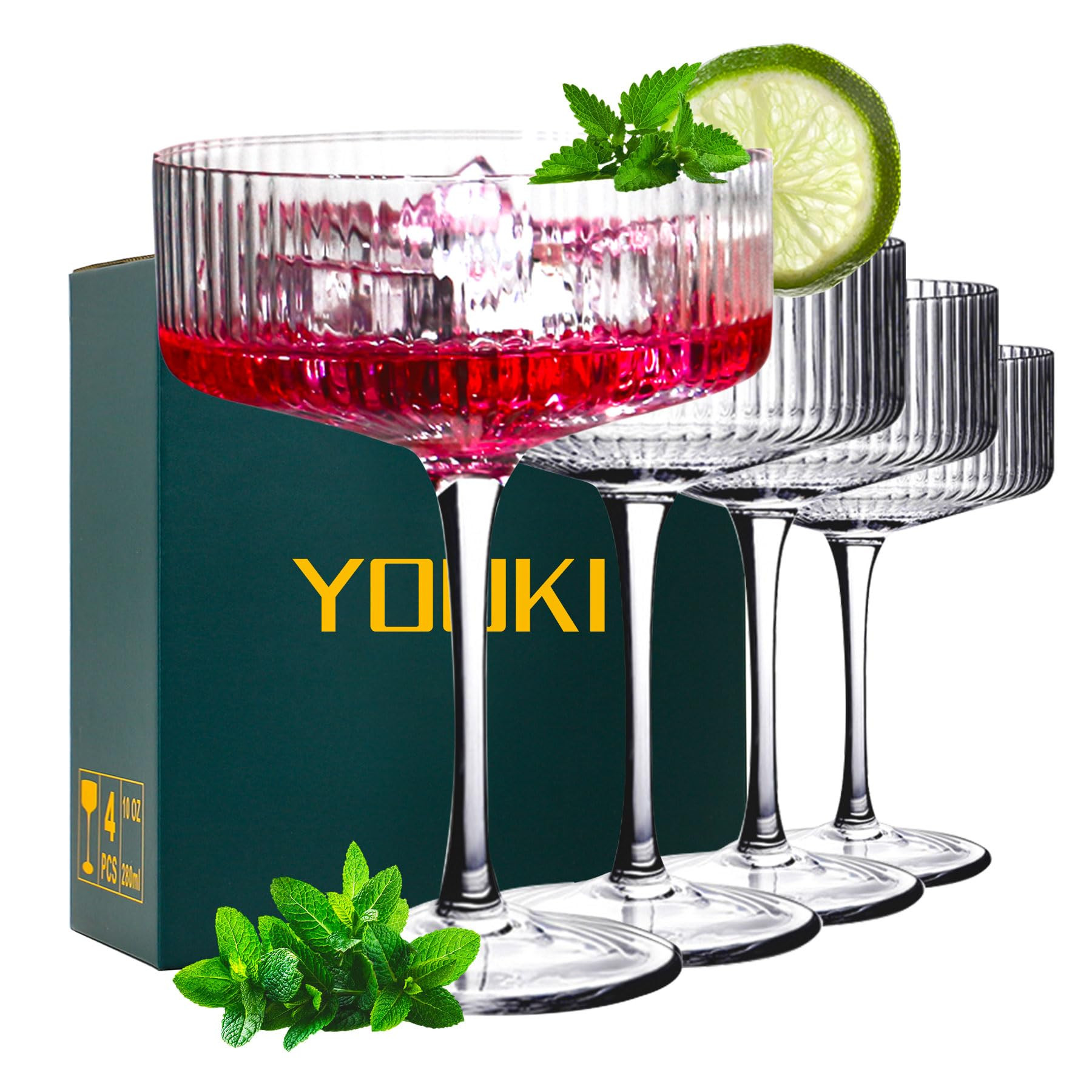 YOUKI Cocktail Glasses, Martini Glasses Set of 4, Margarita Glass, Espresso Coupe Cocktail Glasse... | Amazon (UK)