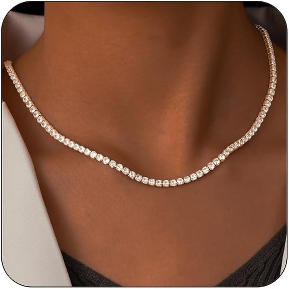 Dainty Tennis Necklaces for Women 14K Gold Plated Thin CZ Tennis Necklace Faux Diamond Tennis Cha... | Amazon (US)