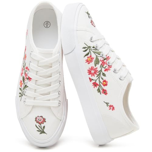 yageyan Womens White Embroidery Canvas Sneakers Low Top Tennis Shoes Womens Causal Sneakers(White red Embroidery07.5) | Amazon (US)