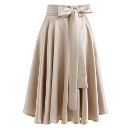 Flare Hem Bowknot Waist Midi Skirt in Gold | Chicwish