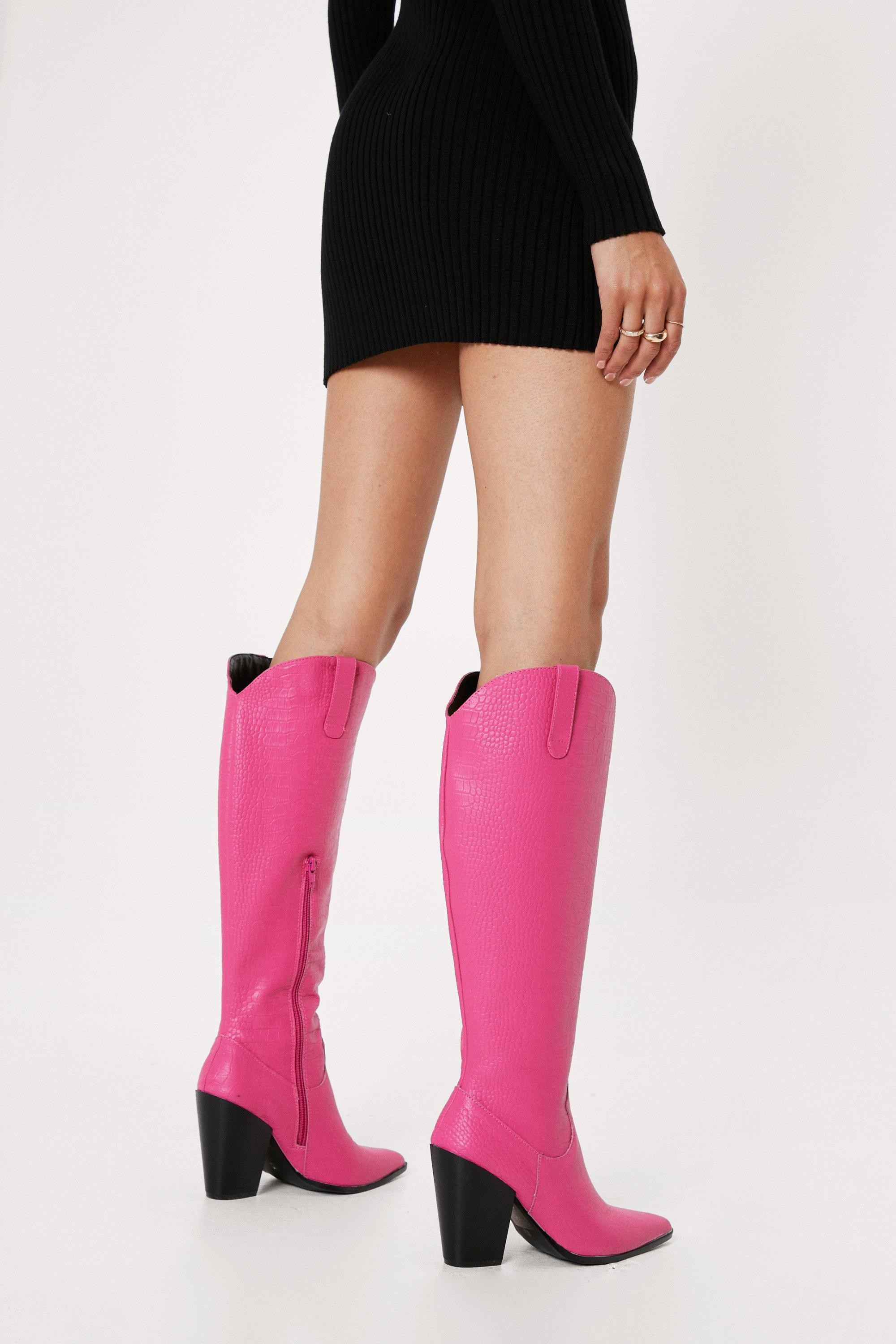 Faux Croc Knee High Western Boots | Nasty Gal (US)