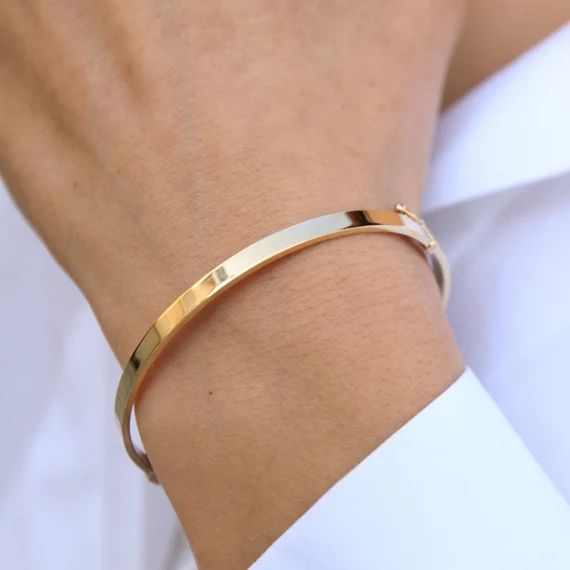 Plain Gold Bracelet, Gold Bangle Bracelet, Simple Real Gold Bangle, Wide Gold Cuff, 4 mm Wide Bra... | Etsy (US)