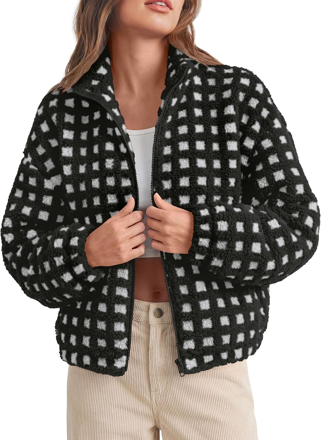PRETTYGARDEN Women's Gingham Sherpa Fleece Jacket Plaid Cropped Teddy Coat | Amazon (US)