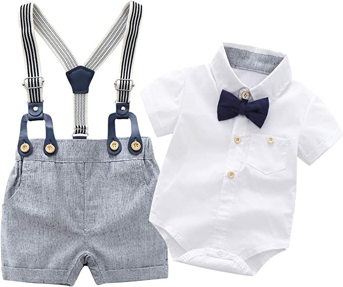 Baby Boys Gentleman Outfits Suits, Infant Short Sleeve Shirt+Bib Pants+Bow Tie Clothes Set | Amazon (US)