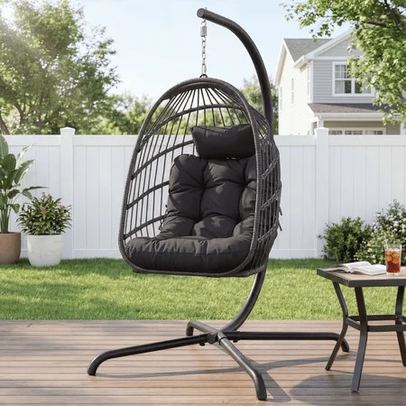 RADIATA Outdoor Foldable Hanging Egg Chair with Stand, PE Wicker Indoor Outdoor Swing Chair with 5" Cushion and Headrest, 350 lbs Capacity, Dark Gray | Walmart (US)
