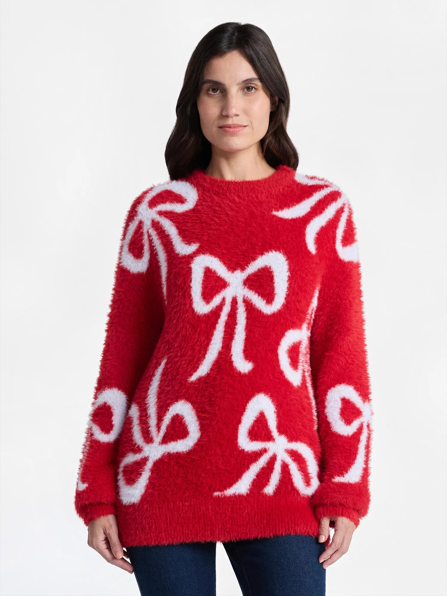 99 Jane Street Women's and Women's Plus Bow Print Pullover Sweater, Midweight, Sizes XS-4X | Walmart (US)