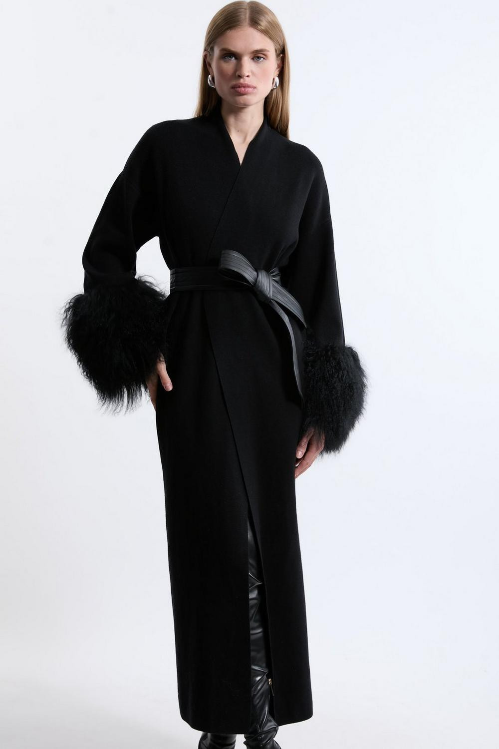 Viscose Blend Compact Knit Shealing Cuff Belted Coatigan | Karen Millen UK + IE + DE + NL