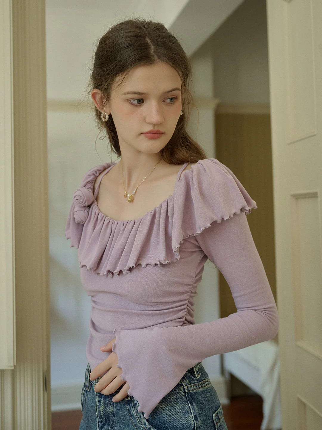 Reina Ruffle Neck Rose Bell Sleeves Trim Top | SimpleRetro