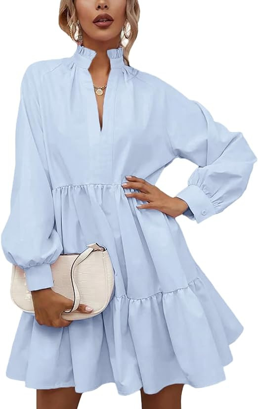 Rooscier Women's V Neck Lantern Long Sleeve Ruffle Babydoll Swing Mini Dress | Amazon (US)