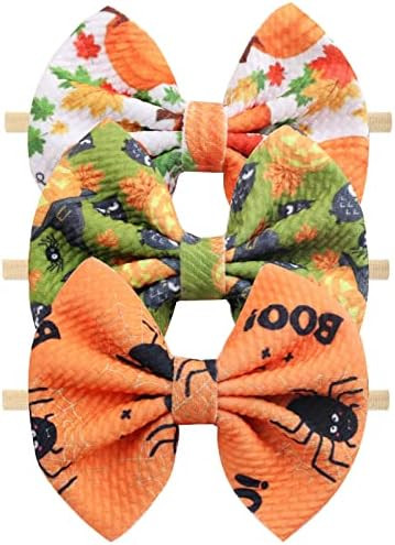 Halloween Baby Headband Cheer Bow, Baby Girl Orange Pumpkin Hair Bow Ghost Printed Elastic Nylon ... | Amazon (US)