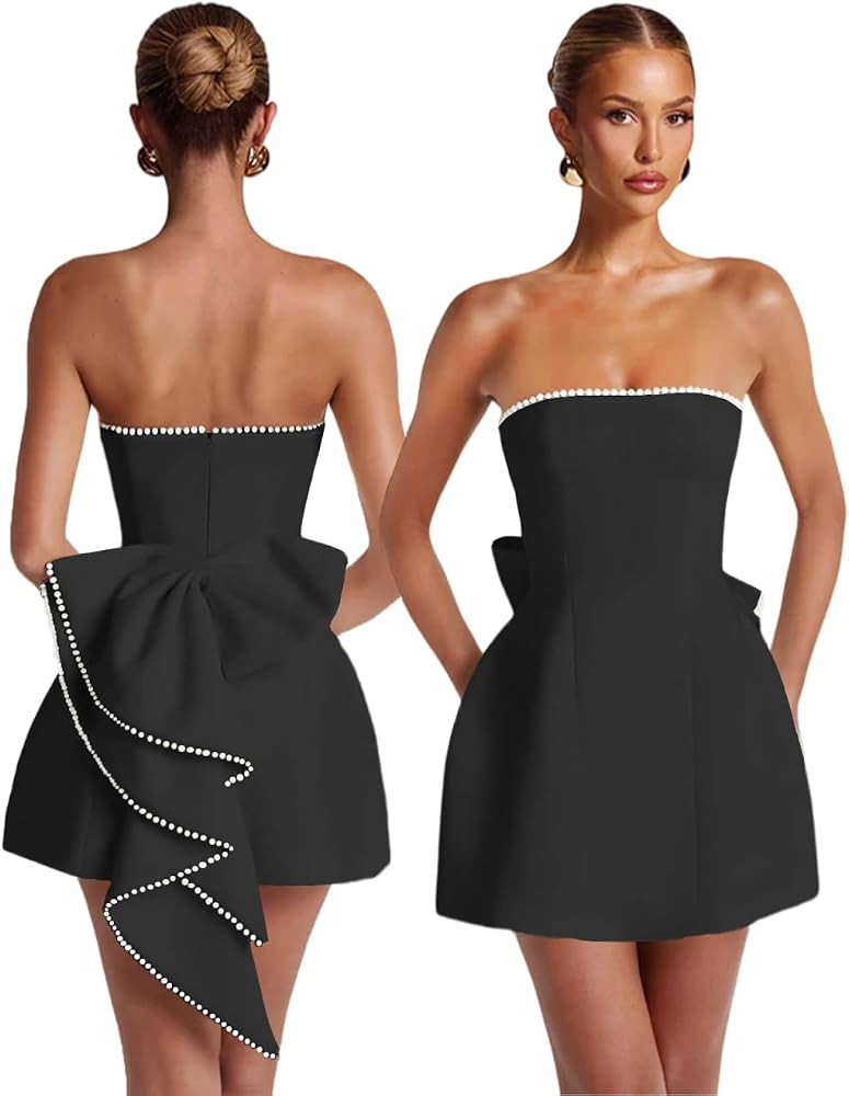 Strapless Pearl Homecoming Dresses Short Wedding Dress with Bow | Amazon (US)