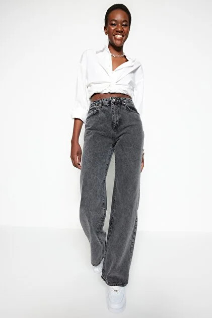 Trendyol Collection Anthrazitfarbene Jeans mit hoher Taille und weitem Bein TWOSS23JE00068- Trend... | Trendyol DE