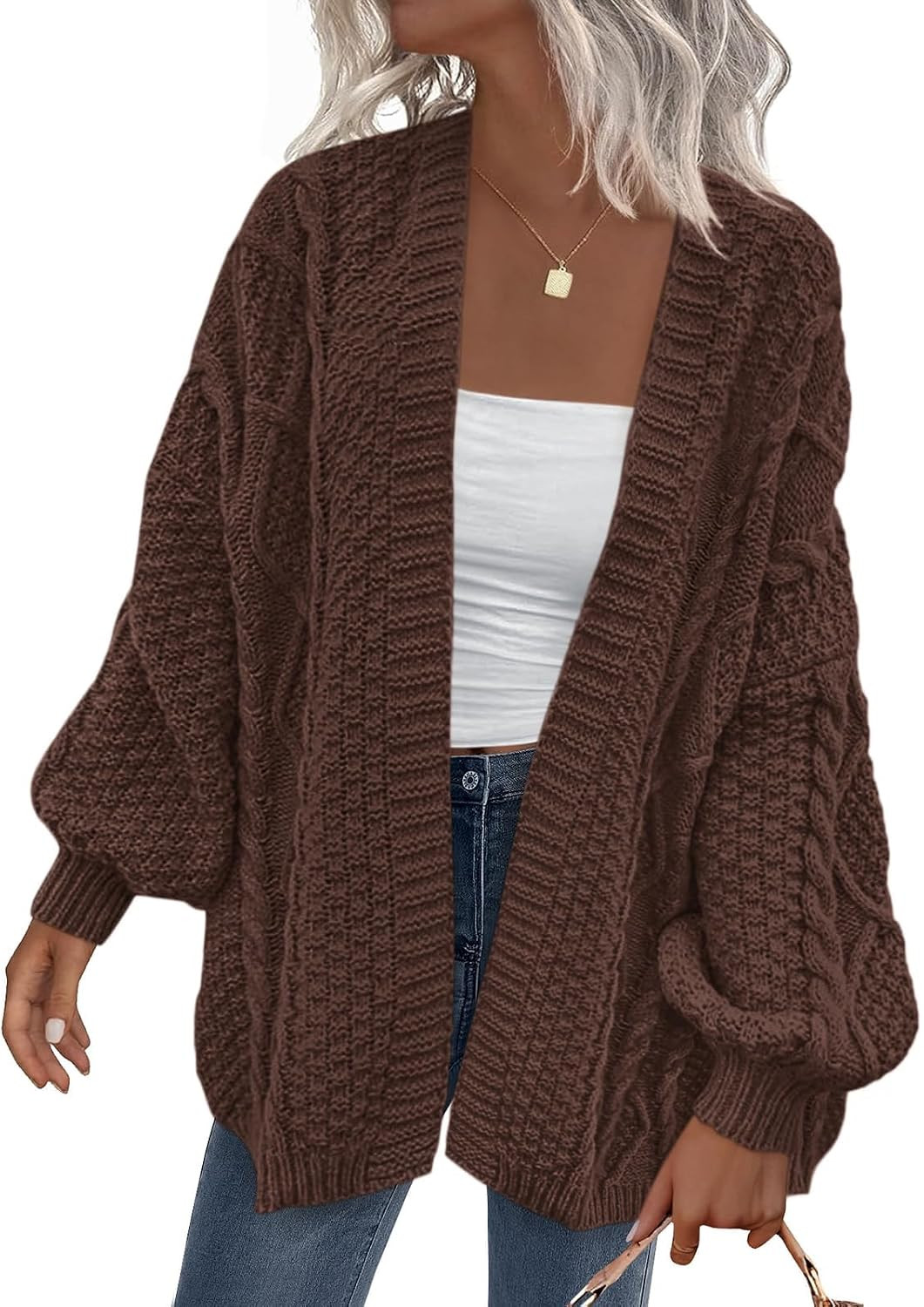 PRETTYGARDEN Women's Cable Knit Open Front Fall Sweater Lantern Long Sleeve Chunky Cardigan Sweaters Trendy Outerwear Coats | Amazon (US)