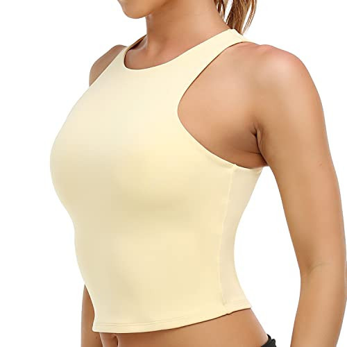 Colorfulkoala Women's Tank Tops Body Contour Sleeveless Crop Double Lined Yoga Shirts (M, Cream Yellow) | Amazon (US)