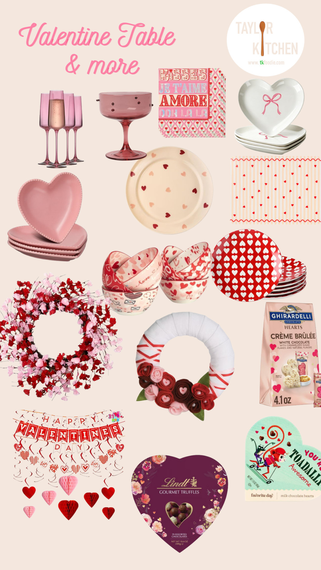 The cutest things to set a festive Valentine 🩷 table are here on my LTK.  Whether you opt for adorable paper plates or set your table with heart shaped ceramic plates, there are so many great options.  And those coupes or flutes....aaahh.

I've also rounded up some wreaths, chocolates (my personal favorite) 😉& decor to wow your love, your friends (Valentine's anyone?), or your family. 

 #LTKSeasonal #LTKHome #LTKFindsUnder100