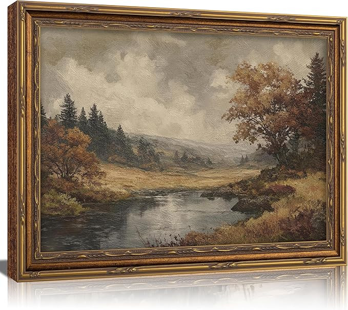 Vintage Gold Framed Wall Art Moody Country River Landscape Painting Canvas Prints Retro Fall Fore... | Amazon (US)