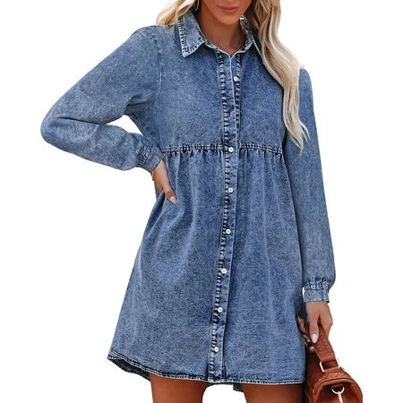 luvamia Women's Long Sleeve Button Down Flowy Tiered Babydoll Denim Dress Blue Jean Dress Size L Fit Size 12 Size 14 | Walmart (US)