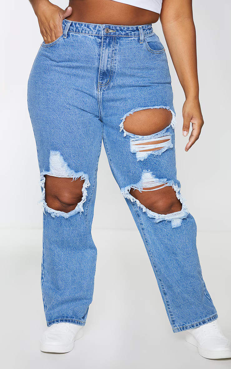 PRETTYLITTLETHING Plus Mid Blue Ripped Straight Leg Jeans | PrettyLittleThing US