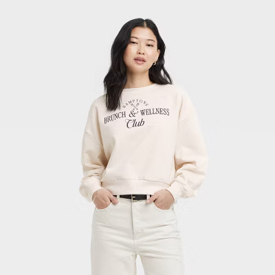Women's Brunch and Wellness Cropped Fleece Graphic Sweatshirt - Beige | Target
