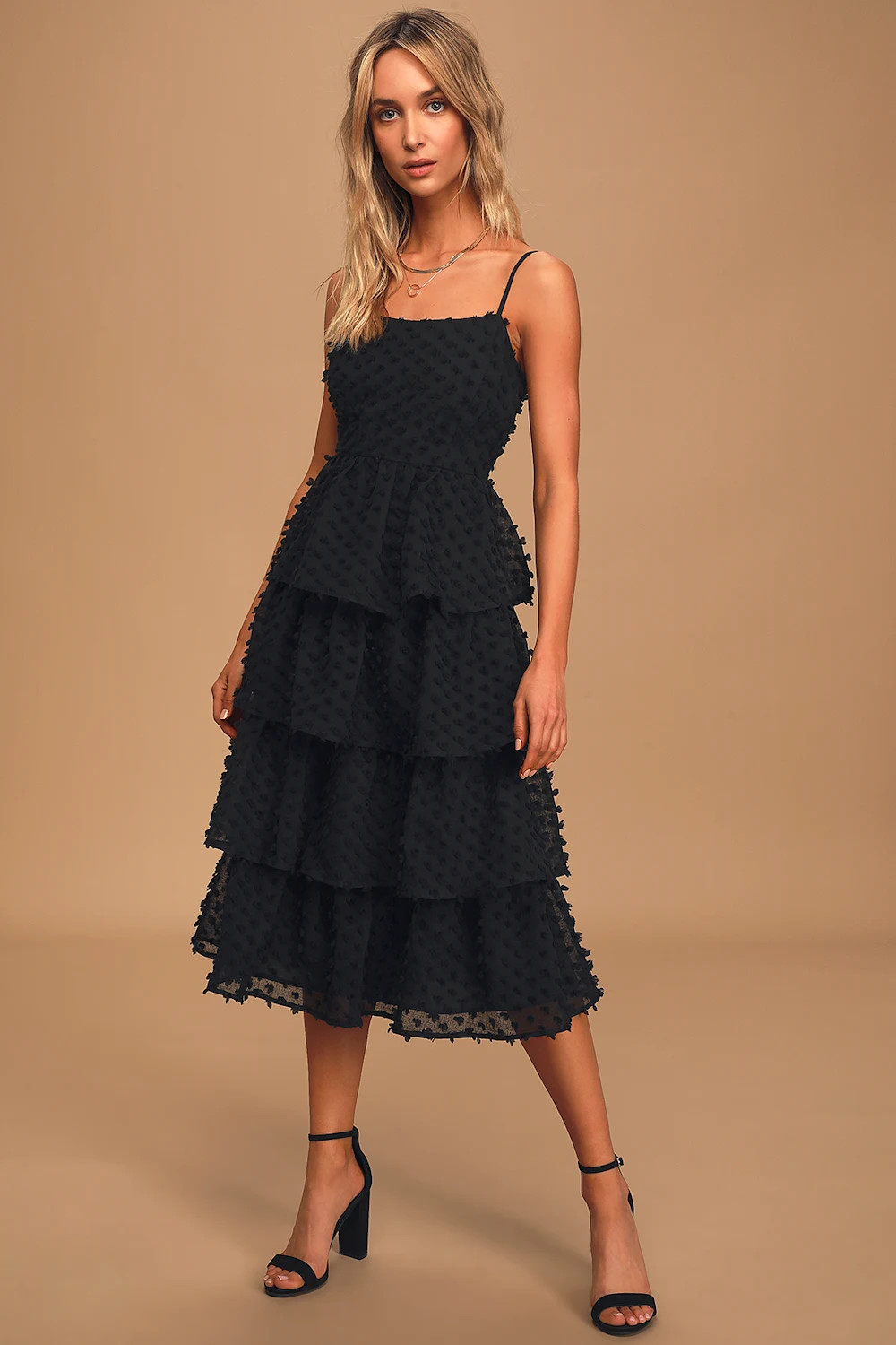 Flirting with You Black Tiered Pom Pom Midi Dress | Lulus (US)
