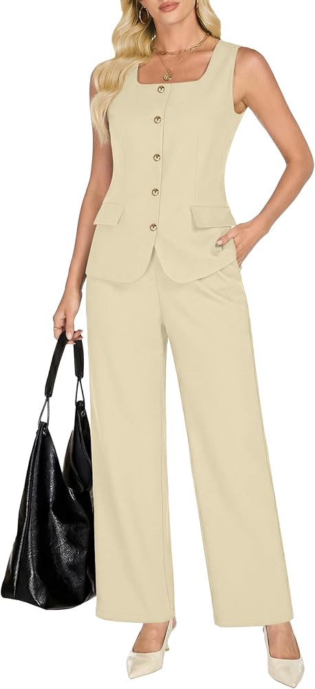 Funlingo Women's 2 Piece Outfits Square Neck Vest Dressy Wide Leg Pant Suits 2026 Spring Business... | Amazon (US)
