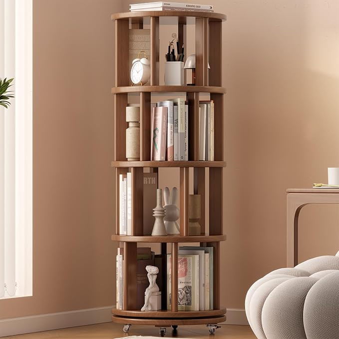 Solid Wood Rotating Bookshelf with Brake Wheels, 360° Display 4 Tier Floor Stackable Spinning Bo... | Amazon (US)