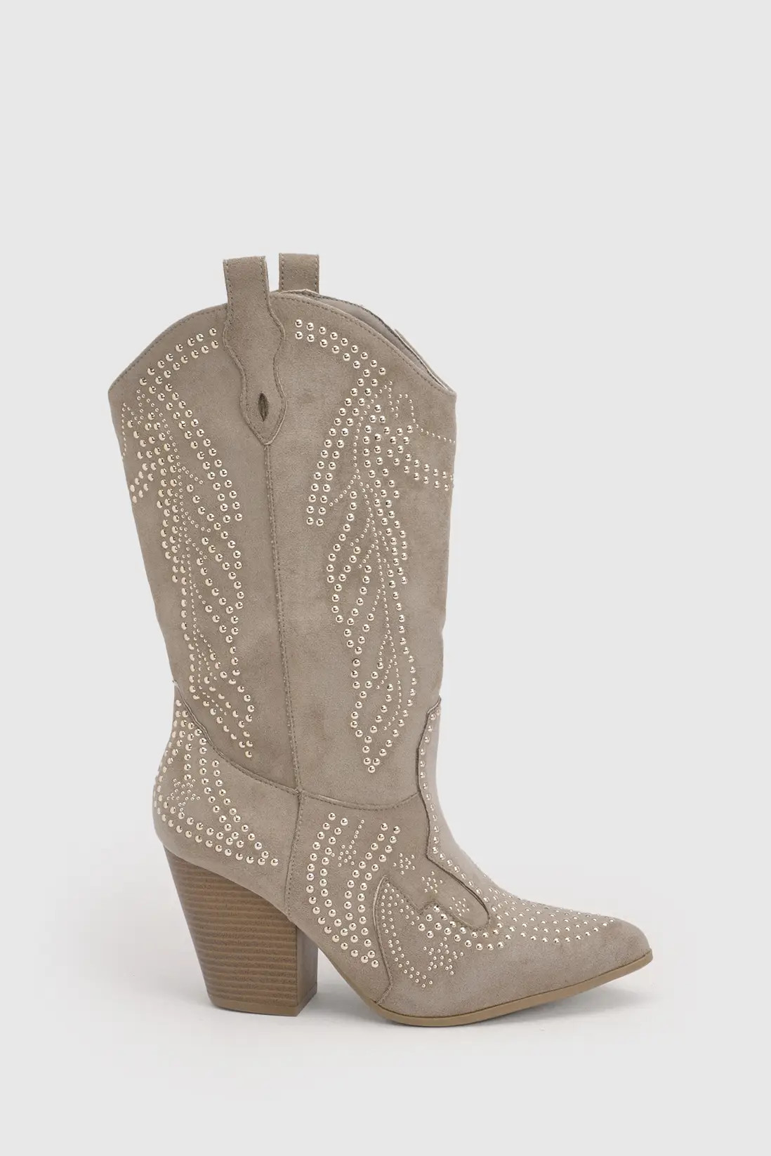 Beige Faux Suede Stud Detail Western Boots | Boohoo | Boohoo.com (UK & IE)