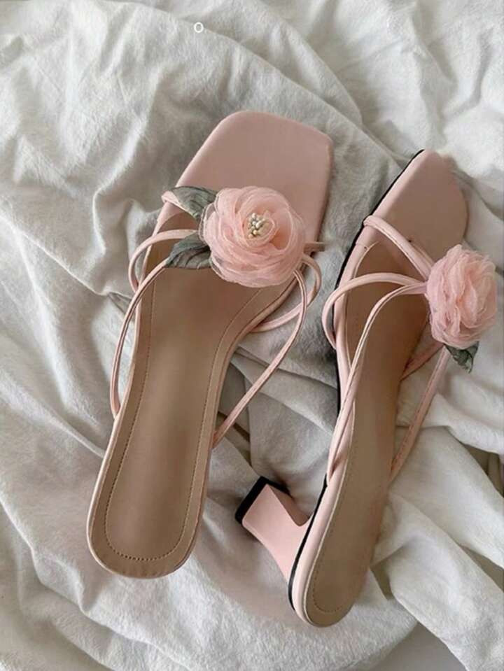 Women's Embellished Macaron Color High Heel Sandals With Floral Appliques, Random Dual-Color | SHEIN