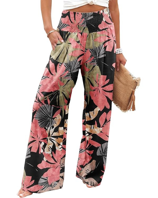 Angerella Womens Elastic High Waisted Palazzo Pants Casual Wide Leg Long Lounge Pant Trousers wit... | Amazon (US)