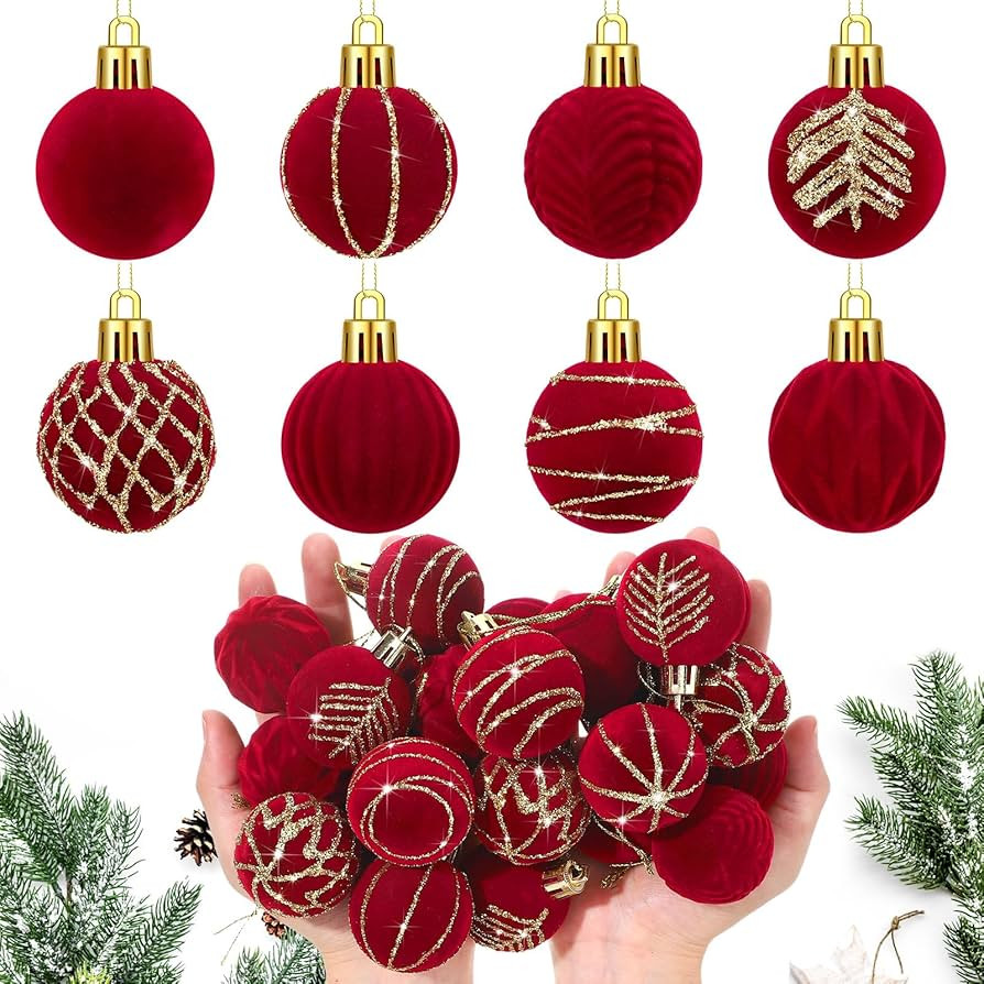 Namalu 24 Pcs Mini Velvet Christmas Balls Set Glitter Christmas Tree Ornaments Decoration Flocked... | Amazon (US)