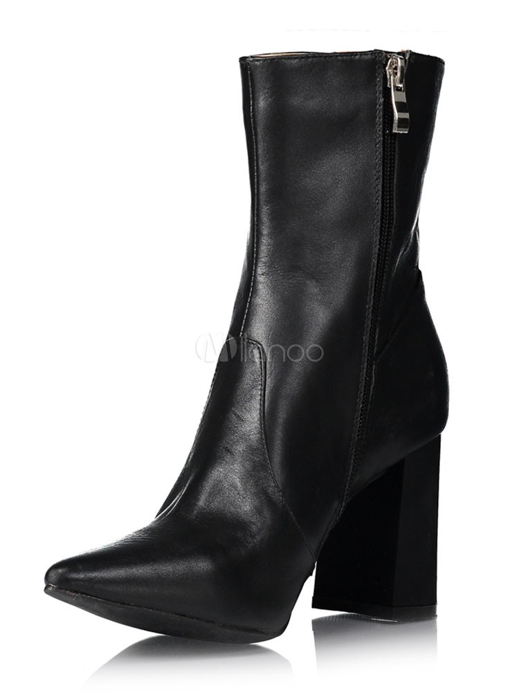 Black Ankle Boots Chunky Heel Pointed Toe Leather Winter Booties For Women | Milanoo