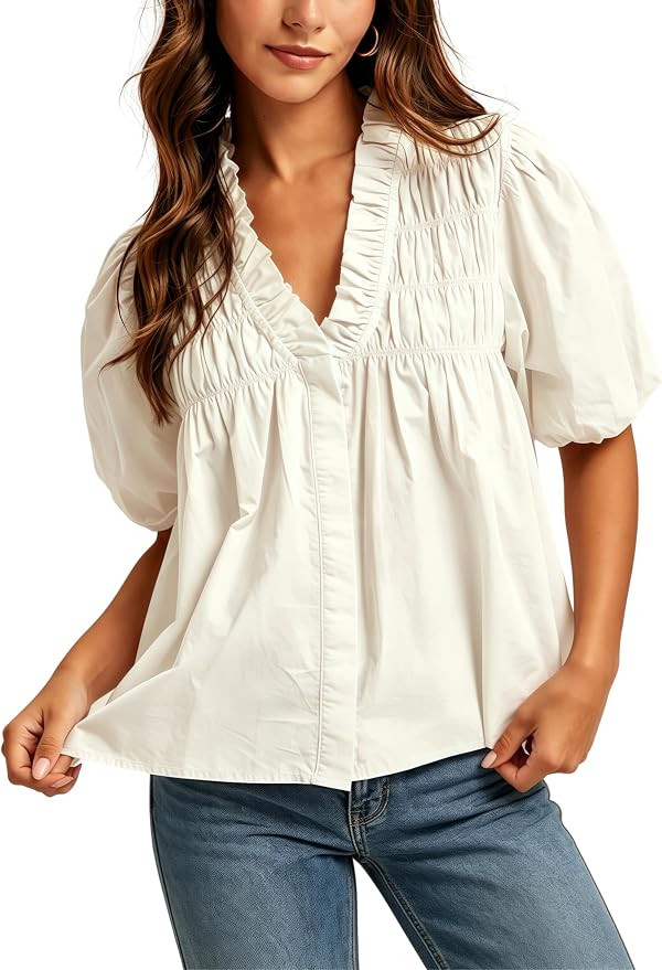 Esmeling Women Puff Short Sleeve Blouse Ruffle V Neck Smocked Top Loose Fit Flowy Summer Shirt | Amazon (US)