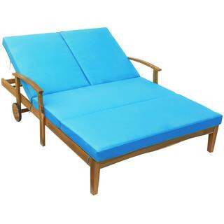 Clihome Double Outdoor Patio Chaise Lounge Chair with Wood Frame and Blue Cushions | The Home Depot