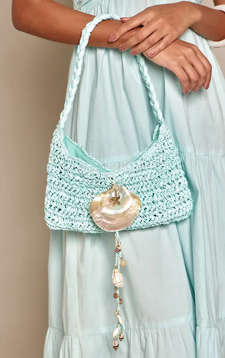 Aqua Raffia Shell Trim Shoulder Bag | PrettyLittleThing USA | PrettyLittleThing US